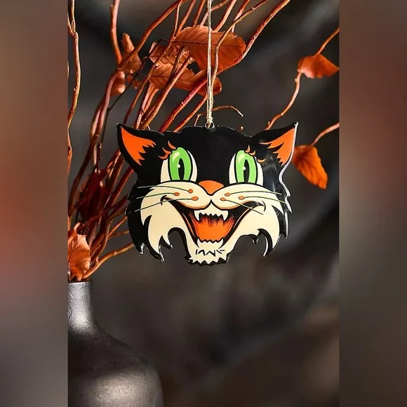 Pair Of Anthropologie Enamelware Spooky Halloween Black Cat Ornament NWT - Picture 4 of 7